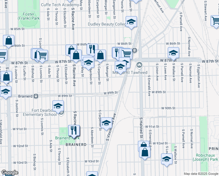 map of restaurants, bars, coffee shops, grocery stores, and more near 8837 South Morgan Street in Chicago