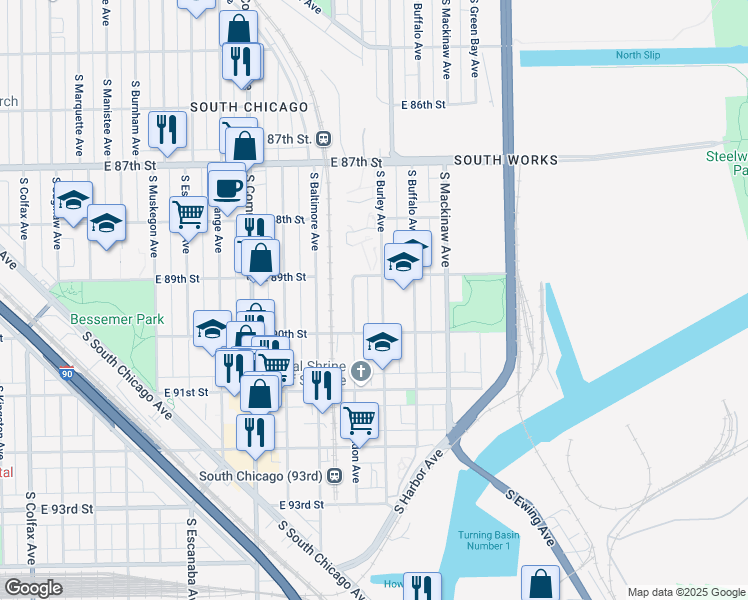 map of restaurants, bars, coffee shops, grocery stores, and more near 8924 South Burley Avenue in Chicago