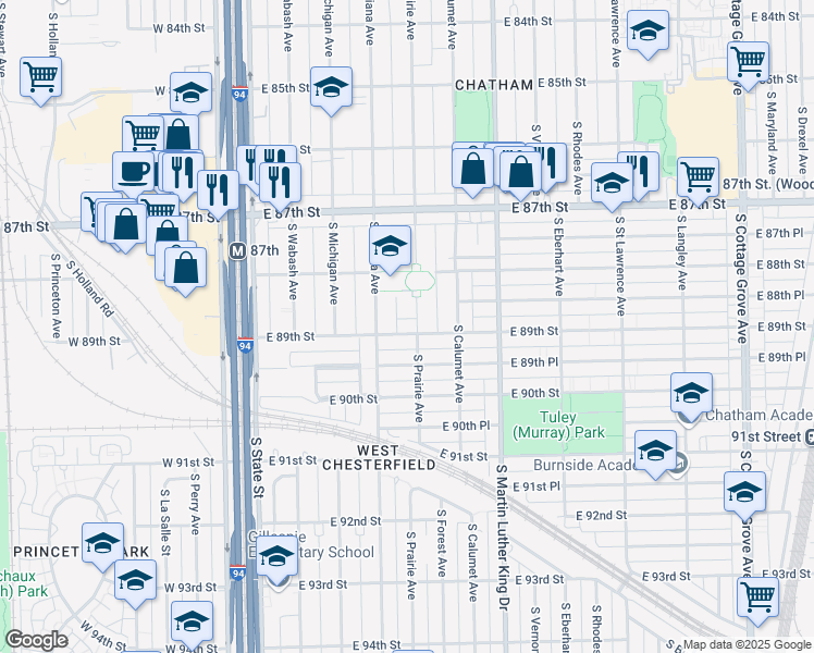 map of restaurants, bars, coffee shops, grocery stores, and more near 228 East 89th Street in Chicago