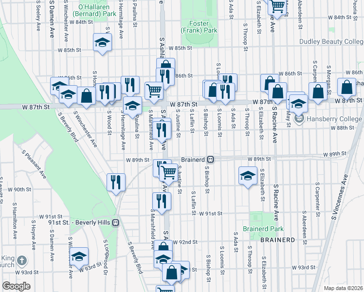 map of restaurants, bars, coffee shops, grocery stores, and more near 8831 South Justine Street in Chicago