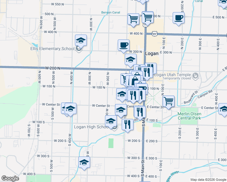 map of restaurants, bars, coffee shops, grocery stores, and more near 164 West 100 North in Logan