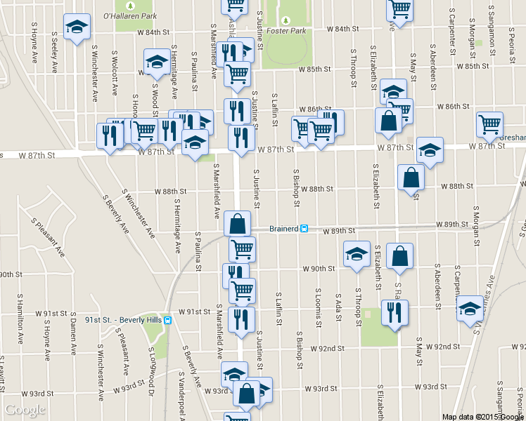 map of restaurants, bars, coffee shops, grocery stores, and more near 8831 South Justine Street in Chicago