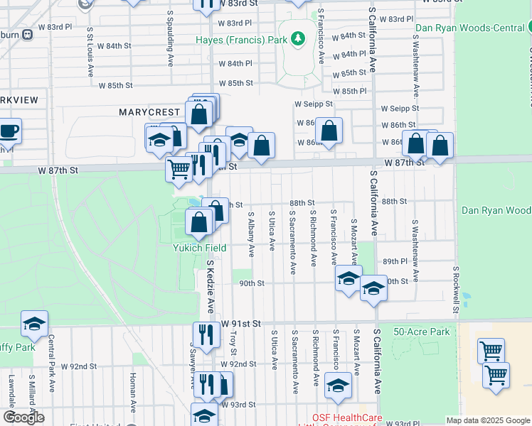 map of restaurants, bars, coffee shops, grocery stores, and more near 8812 South Utica Avenue in Evergreen Park