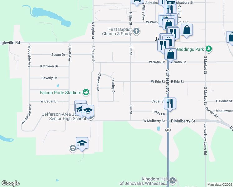 map of restaurants, bars, coffee shops, grocery stores, and more near 232 Franley Drive in Jefferson