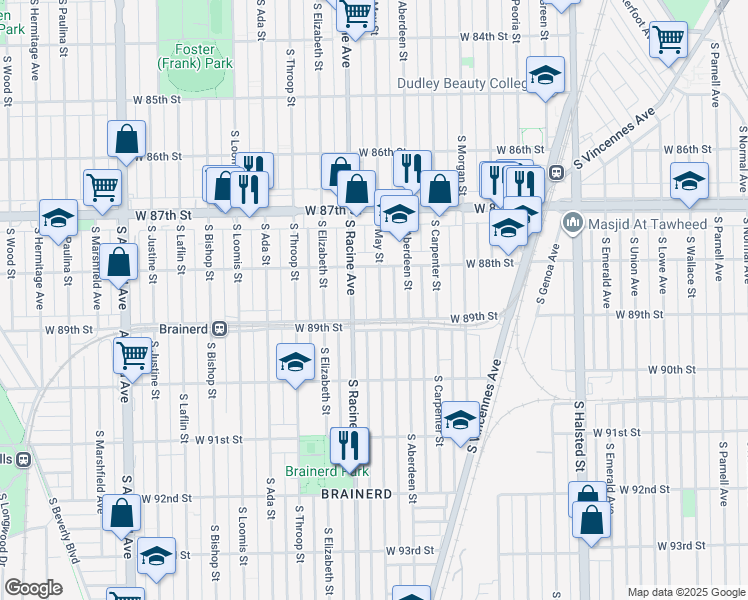 map of restaurants, bars, coffee shops, grocery stores, and more near 8836 South May Street in Chicago