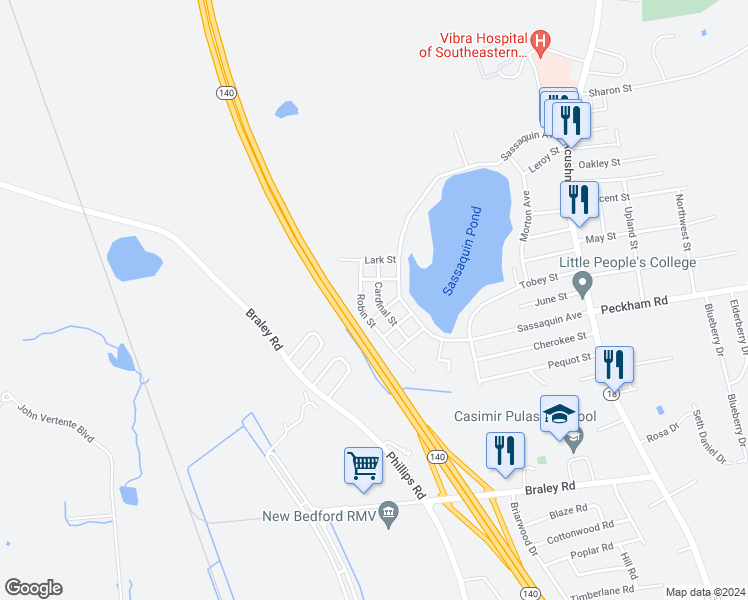 map of restaurants, bars, coffee shops, grocery stores, and more near 1248 Cardinal Street in New Bedford