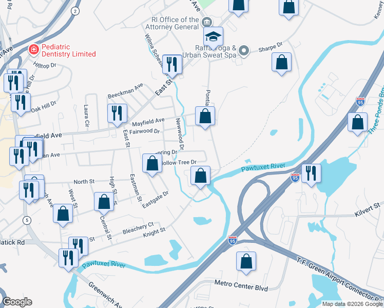 map of restaurants, bars, coffee shops, grocery stores, and more near 42 Wellspring Drive in Cranston