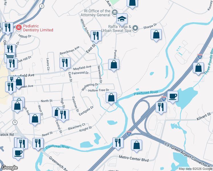 map of restaurants, bars, coffee shops, grocery stores, and more near 42 Wellspring Dr in Cranston