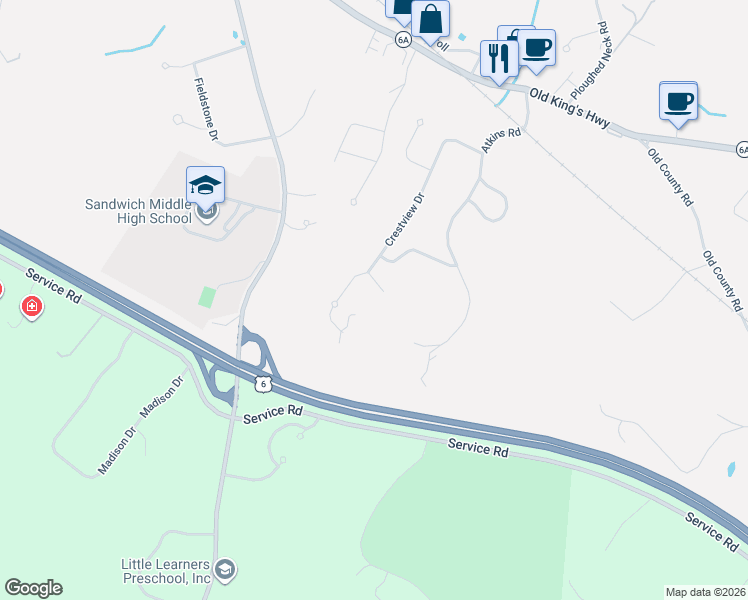 map of restaurants, bars, coffee shops, grocery stores, and more near 2 Marie Lane in Sandwich