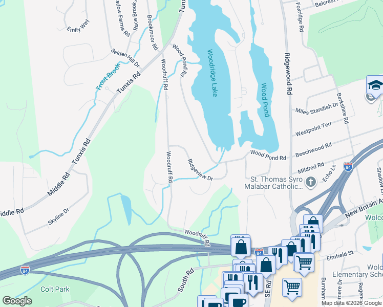 map of restaurants, bars, coffee shops, grocery stores, and more near 26 Ridgeview Drive in Farmington