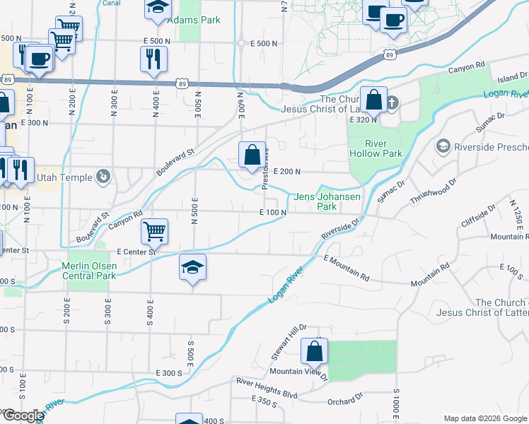 map of restaurants, bars, coffee shops, grocery stores, and more near 675 East 100 North in Logan