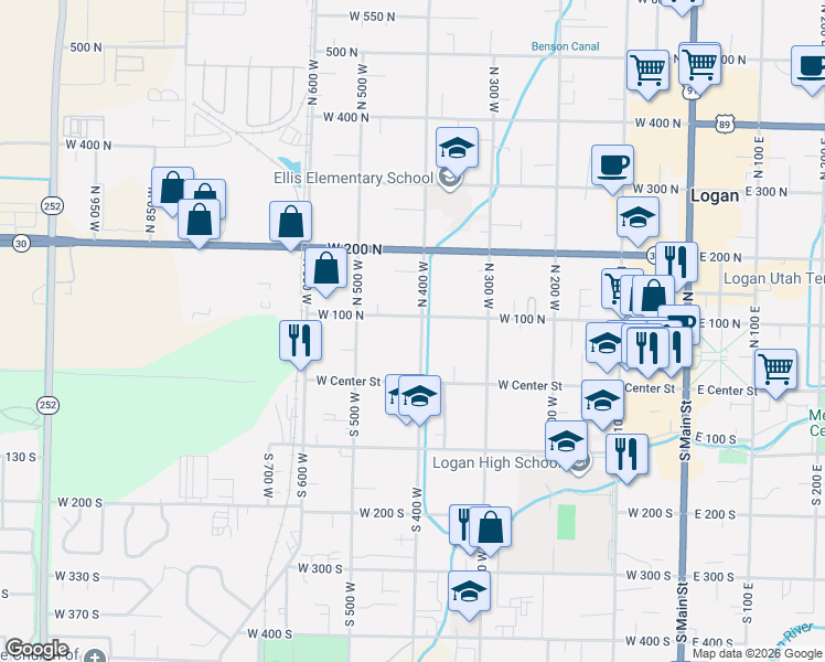 map of restaurants, bars, coffee shops, grocery stores, and more near 83 North 400 West in Logan