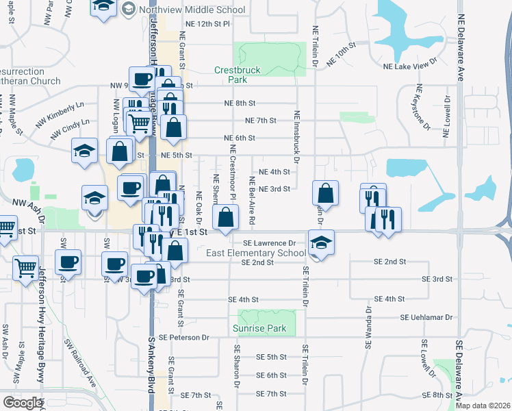 map of restaurants, bars, coffee shops, grocery stores, and more near 201 Northeast Bel-Aire Road in Ankeny