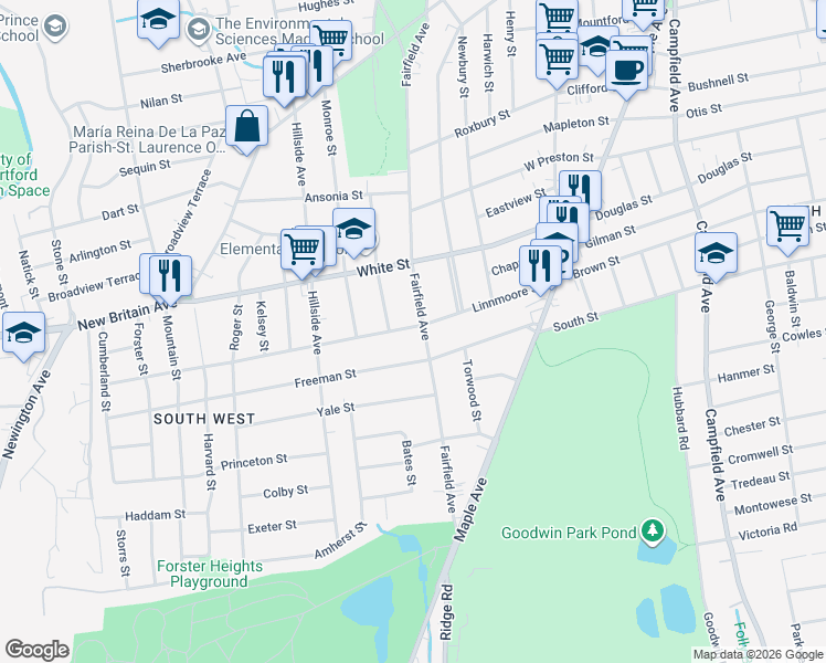 map of restaurants, bars, coffee shops, grocery stores, and more near 135 Linnmoore Street in Hartford
