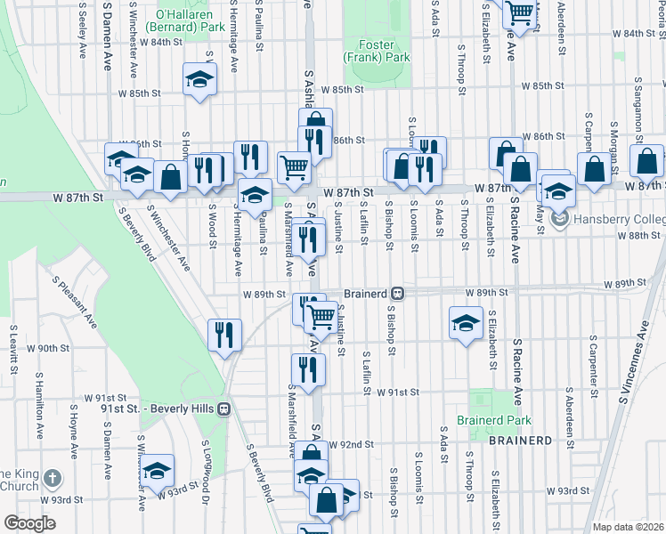 map of restaurants, bars, coffee shops, grocery stores, and more near 8831 South Justine Street in Chicago