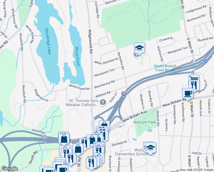 map of restaurants, bars, coffee shops, grocery stores, and more near 297 Beechwood Road in West Hartford