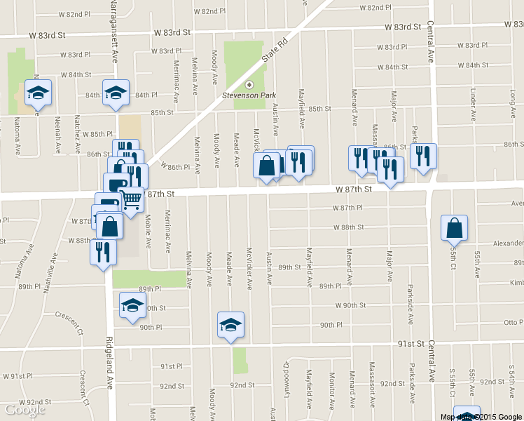 map of restaurants, bars, coffee shops, grocery stores, and more near 8720 Austin Ave in Oak Lawn