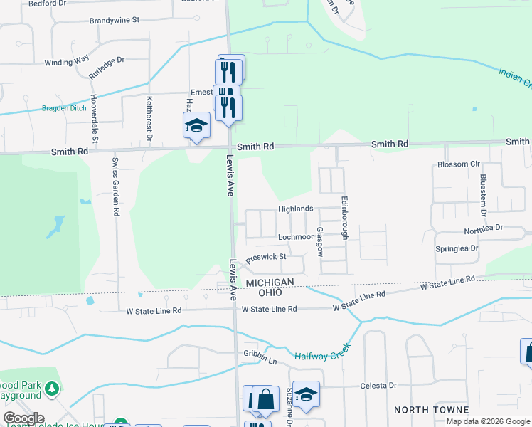 map of restaurants, bars, coffee shops, grocery stores, and more near 268 Highlands in Temperance