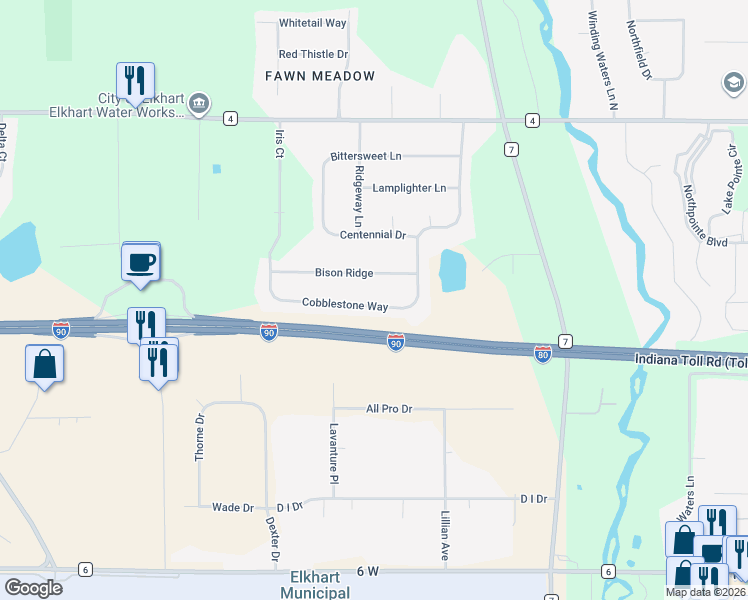 map of restaurants, bars, coffee shops, grocery stores, and more near 27471 Cobblestone Way in Elkhart