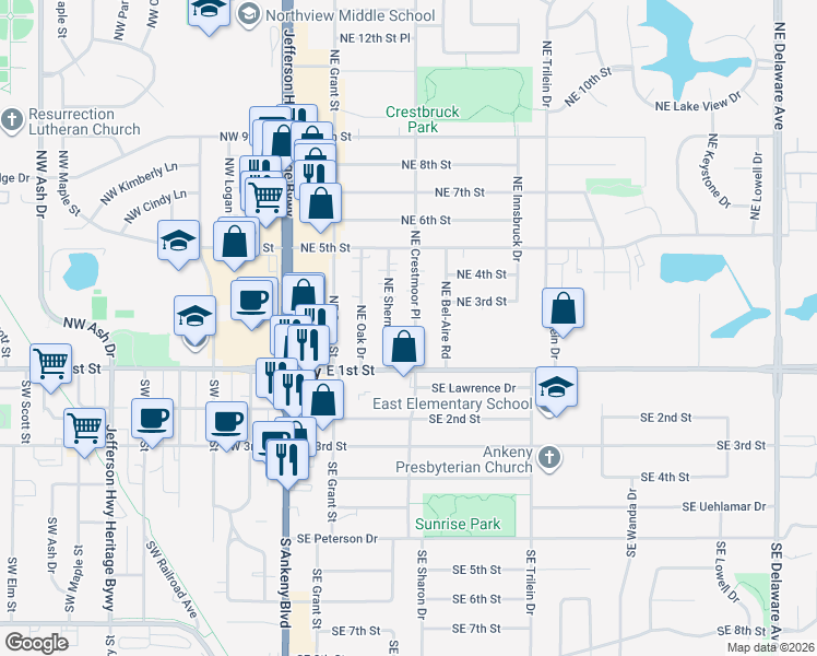 map of restaurants, bars, coffee shops, grocery stores, and more near 202 Northeast Crestmoor Place in Ankeny