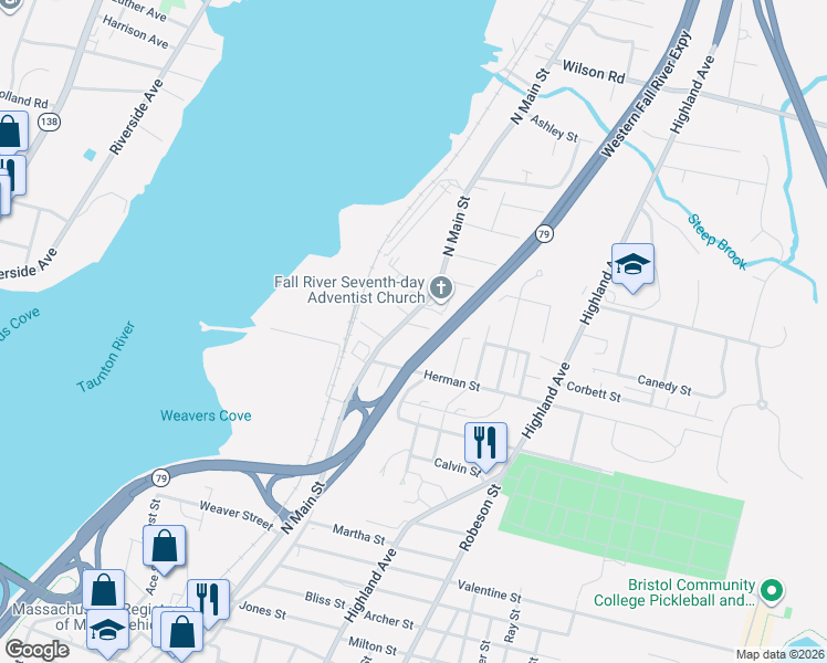 map of restaurants, bars, coffee shops, grocery stores, and more near 2585 North Main Street in Fall River