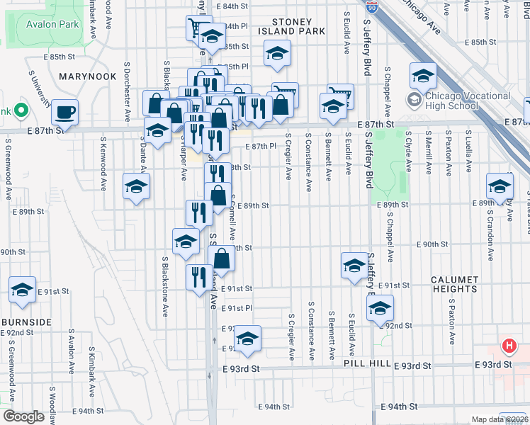 map of restaurants, bars, coffee shops, grocery stores, and more near 8906 South Ridgeland Avenue in Chicago