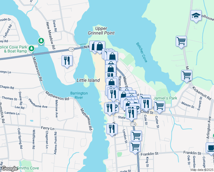map of restaurants, bars, coffee shops, grocery stores, and more near 21 Sisson Street in Warren