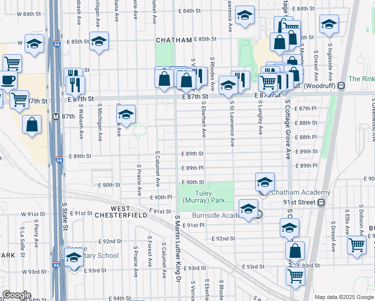 map of restaurants, bars, coffee shops, grocery stores, and more near 420 East 89th Street in Chicago