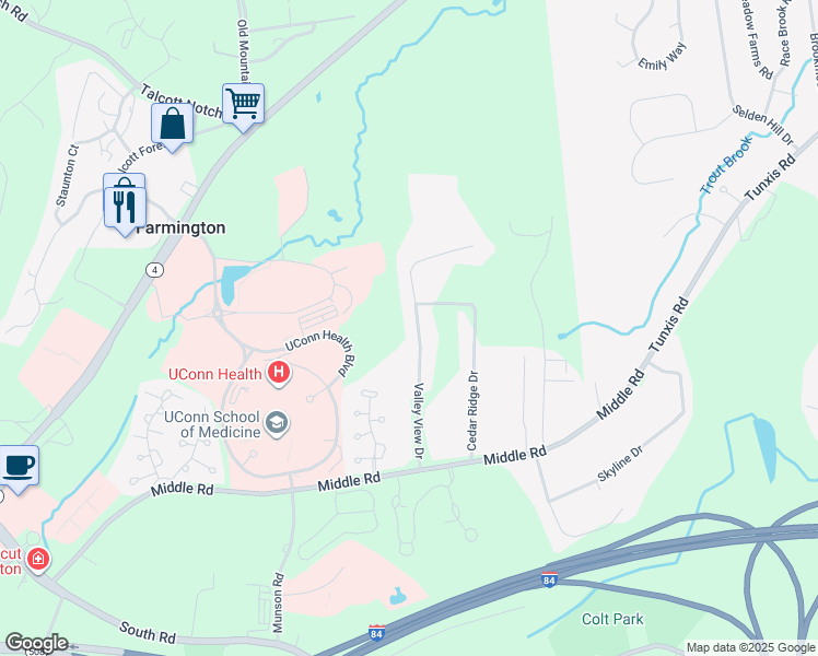 map of restaurants, bars, coffee shops, grocery stores, and more near 29 Valley View Drive in Farmington