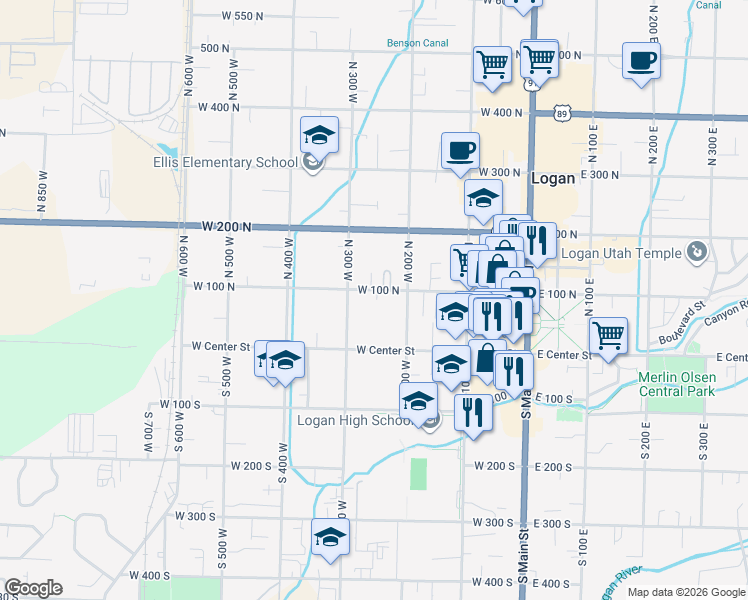 map of restaurants, bars, coffee shops, grocery stores, and more near 254 West 100 North in Logan