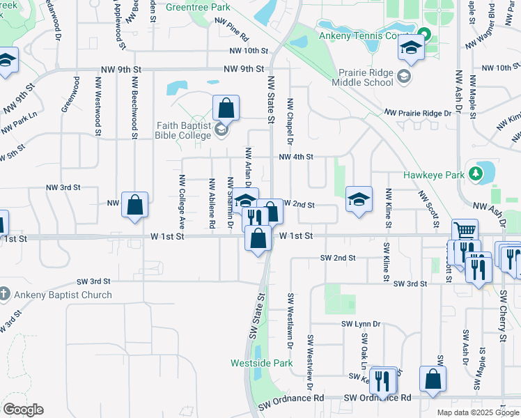 map of restaurants, bars, coffee shops, grocery stores, and more near 1609 Northwest 2nd Street in Ankeny