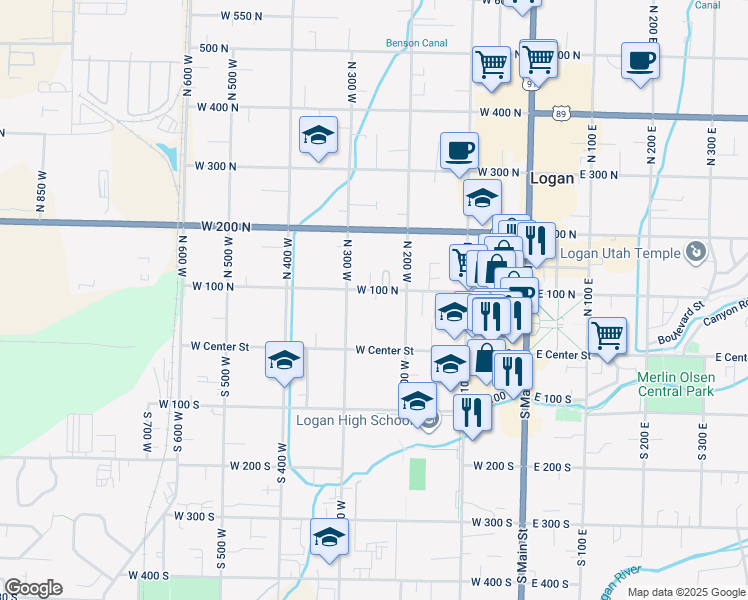 map of restaurants, bars, coffee shops, grocery stores, and more near 254 West 100 North in Logan