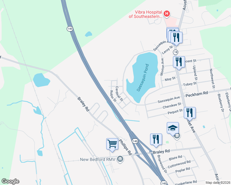 map of restaurants, bars, coffee shops, grocery stores, and more near 1248 Cardinal Street in New Bedford