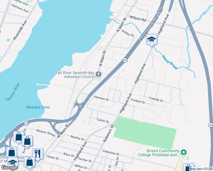 map of restaurants, bars, coffee shops, grocery stores, and more near 400 Gibbs Street in Fall River
