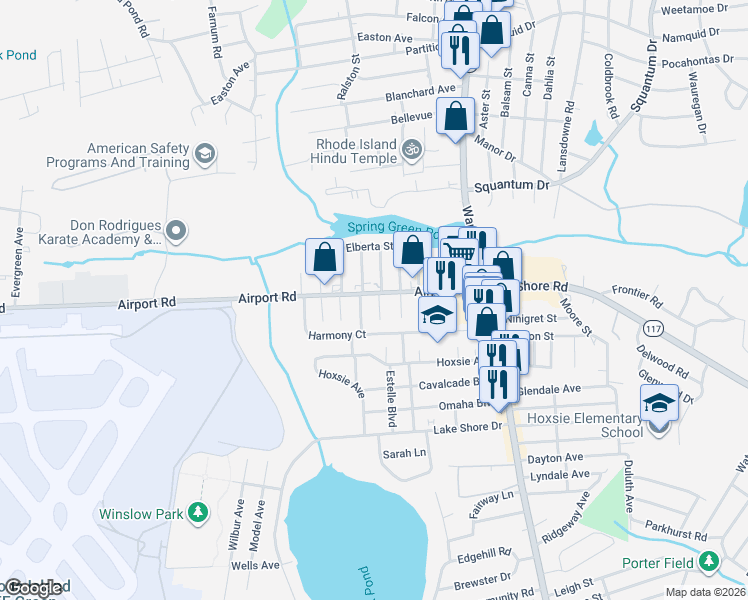 map of restaurants, bars, coffee shops, grocery stores, and more near 130 Airport Road in Warwick