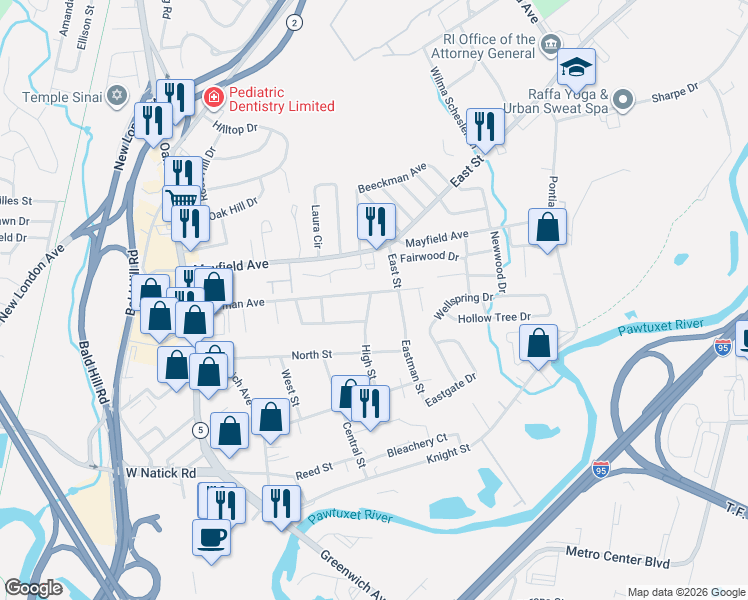 map of restaurants, bars, coffee shops, grocery stores, and more near 50 Bateman Avenue in Cranston