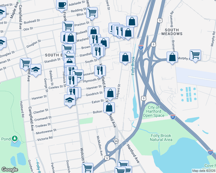 map of restaurants, bars, coffee shops, grocery stores, and more near 485 Ledyard Street in Hartford