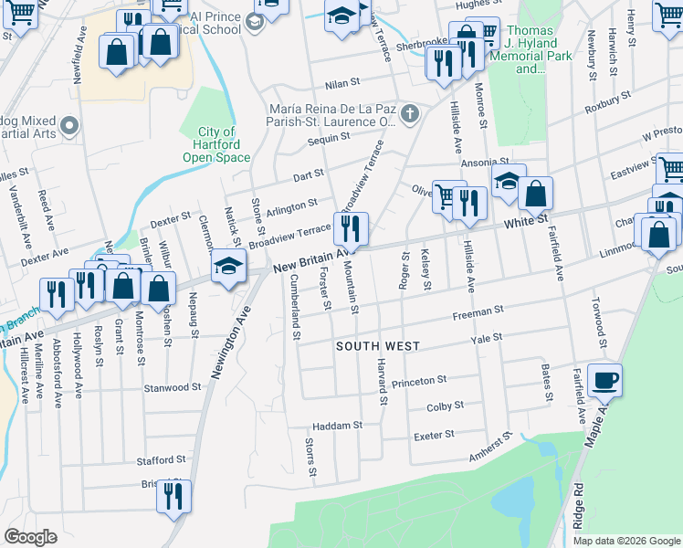 map of restaurants, bars, coffee shops, grocery stores, and more near 21 Mountain Street in Hartford