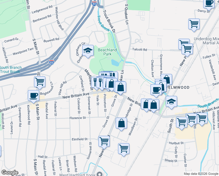 map of restaurants, bars, coffee shops, grocery stores, and more near 1131C New Britain Avenue in West Hartford