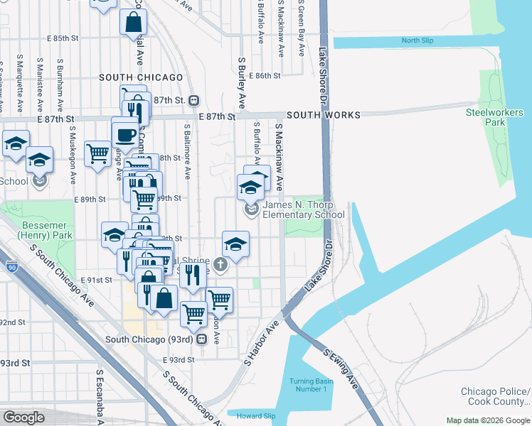 map of restaurants, bars, coffee shops, grocery stores, and more near 8927 South Buffalo Avenue in Chicago