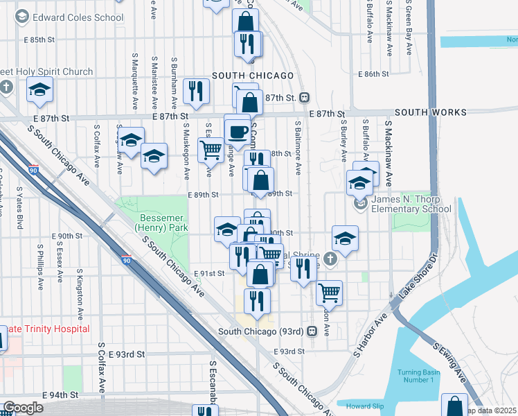 map of restaurants, bars, coffee shops, grocery stores, and more near 8924 South Houston Avenue in Chicago