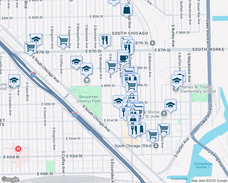 map of restaurants, bars, coffee shops, grocery stores, and more near 8919 South Escanaba Avenue in Chicago
