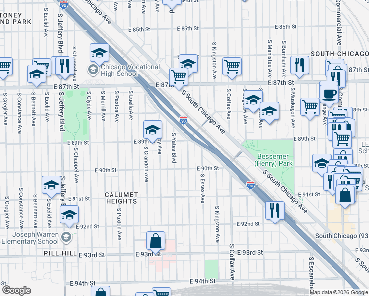 map of restaurants, bars, coffee shops, grocery stores, and more near 8917 South Yates Boulevard in Chicago