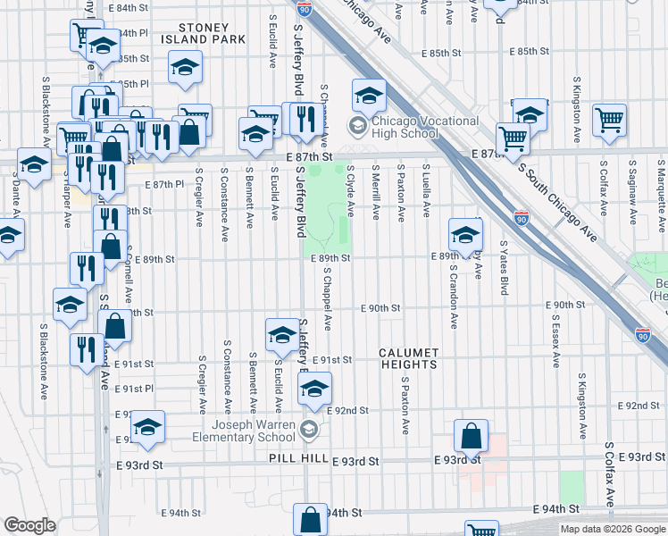 map of restaurants, bars, coffee shops, grocery stores, and more near 8910 South Chappel Avenue in Chicago