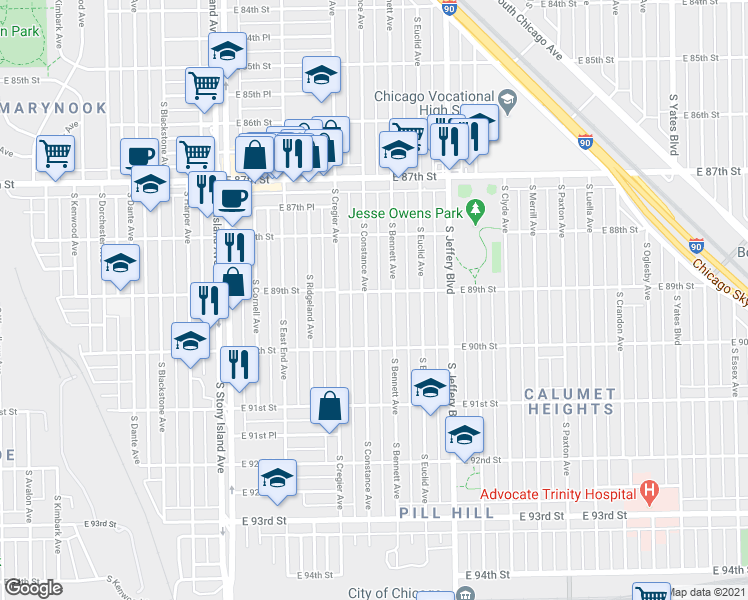 map of restaurants, bars, coffee shops, grocery stores, and more near 8913 South Constance Avenue in Chicago