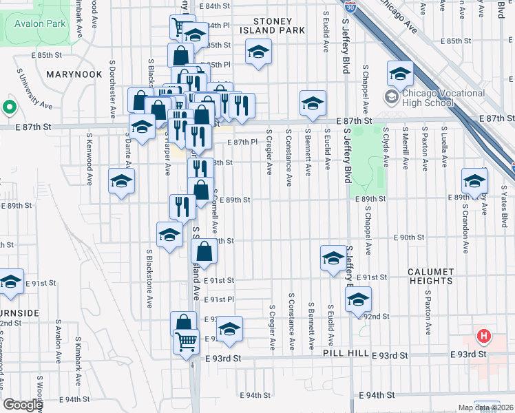 map of restaurants, bars, coffee shops, grocery stores, and more near 8906 South Ridgeland Avenue in Chicago