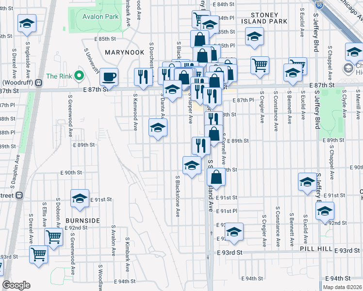 map of restaurants, bars, coffee shops, grocery stores, and more near 8907 South Blackstone Avenue in Chicago