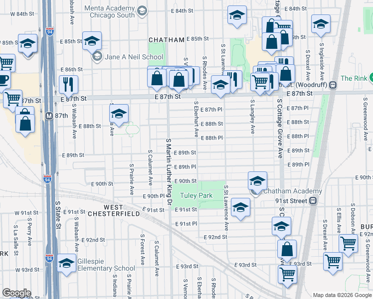 map of restaurants, bars, coffee shops, grocery stores, and more near 420 East 89th Street in Chicago