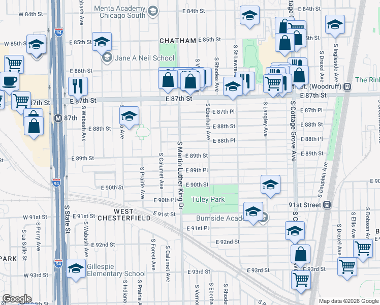 map of restaurants, bars, coffee shops, grocery stores, and more near 420 East 89th Street in Chicago