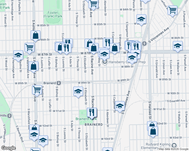 map of restaurants, bars, coffee shops, grocery stores, and more near 8836 South May Street in Chicago